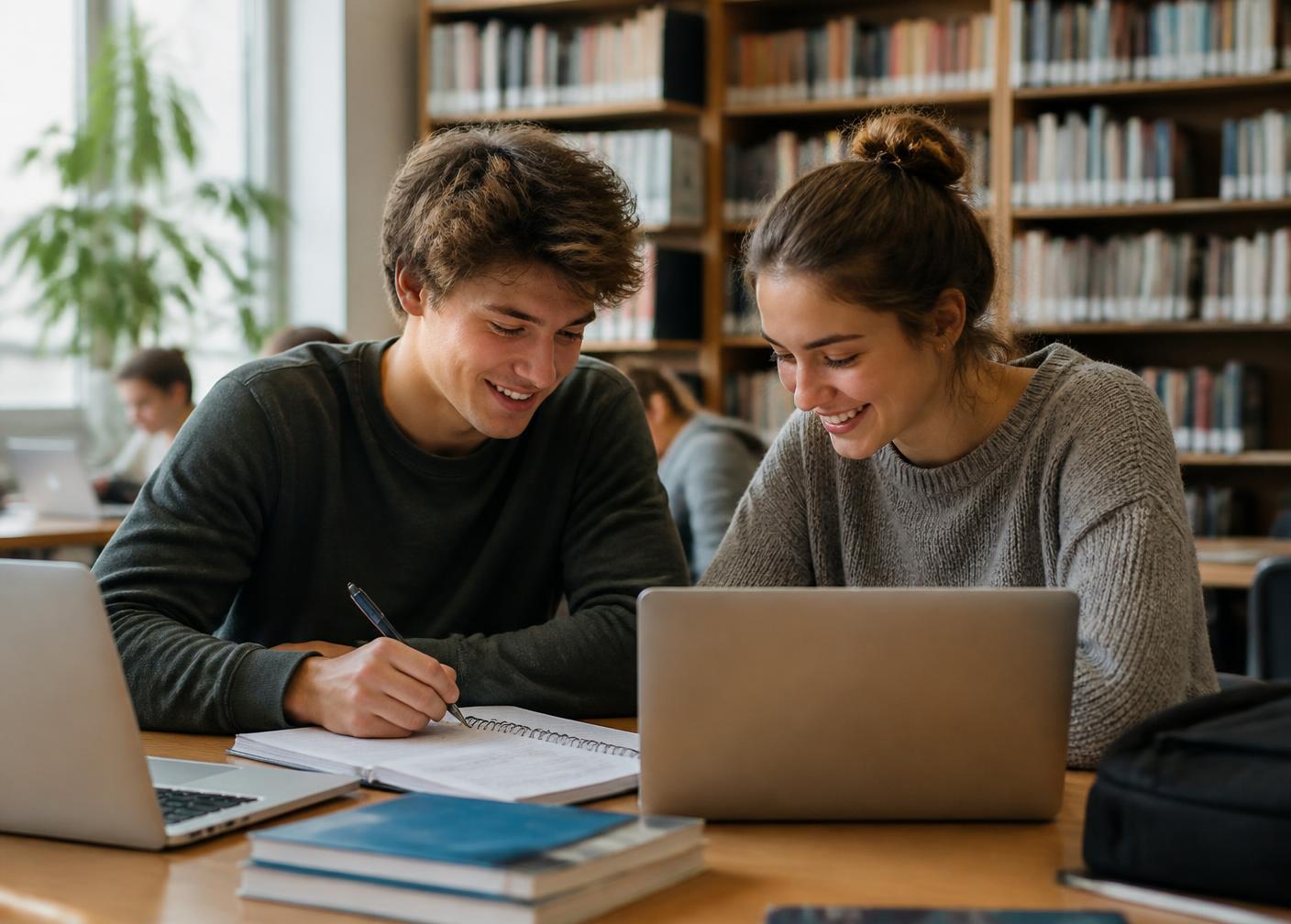 Junger Mann und junge Frau lernen gemeinsam in einer Bibliothek